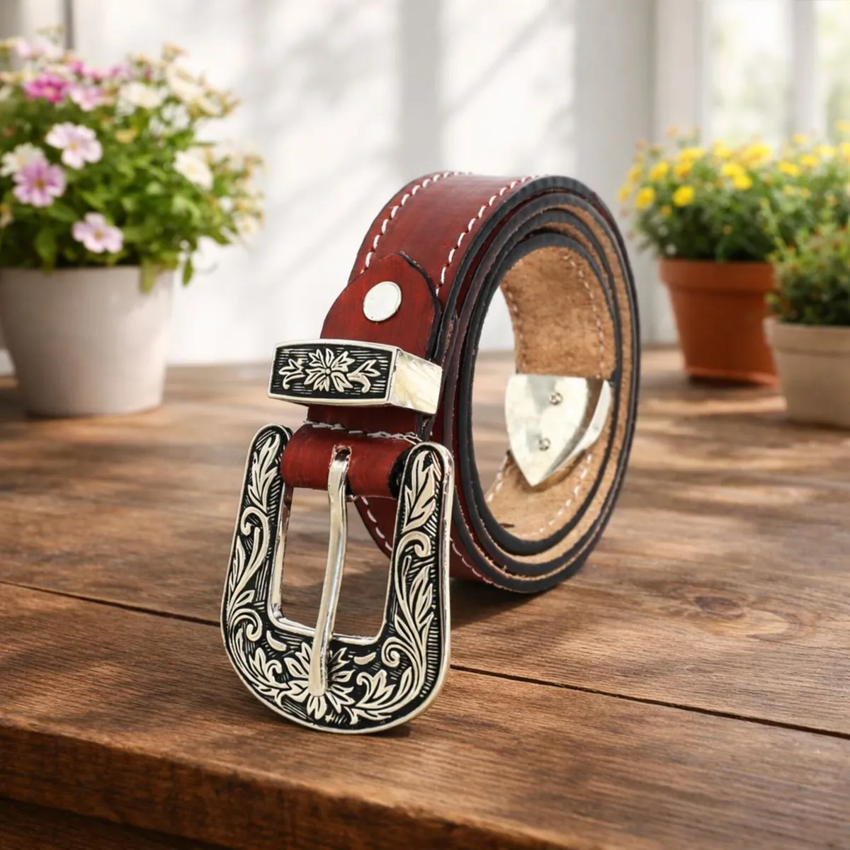 Leather Cowboy Cowgirl Engraved Buckle Belt - Image 1