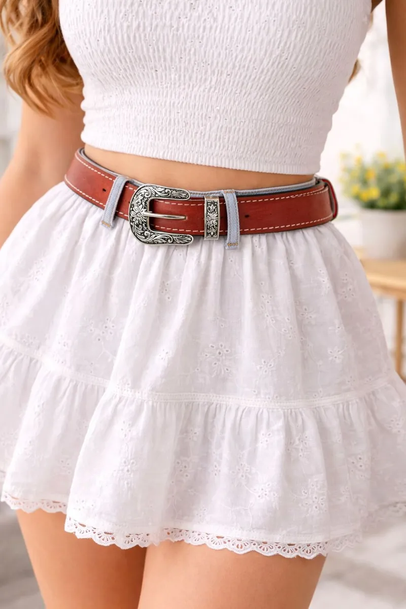Leather Cowboy Cowgirl Engraved Buckle Belt - Image 4