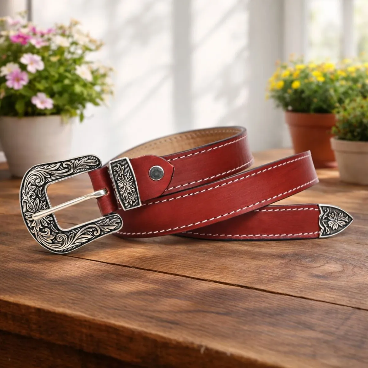 Leather Cowboy Cowgirl Engraved Buckle Belt - Image 2
