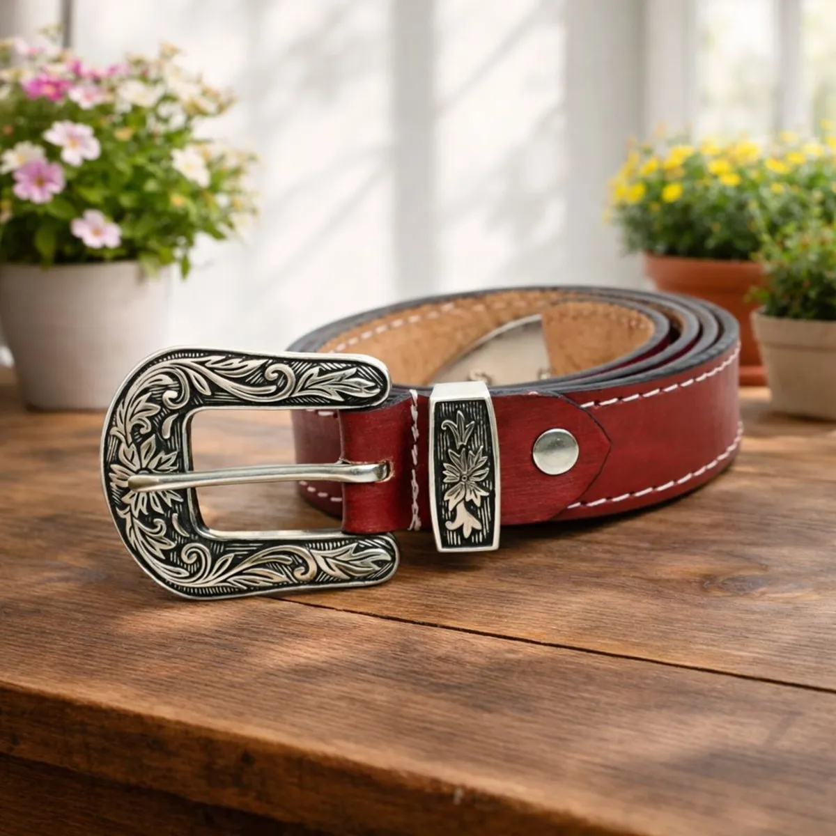 Leather Cowboy Cowgirl Engraved Buckle Belt - Image 3