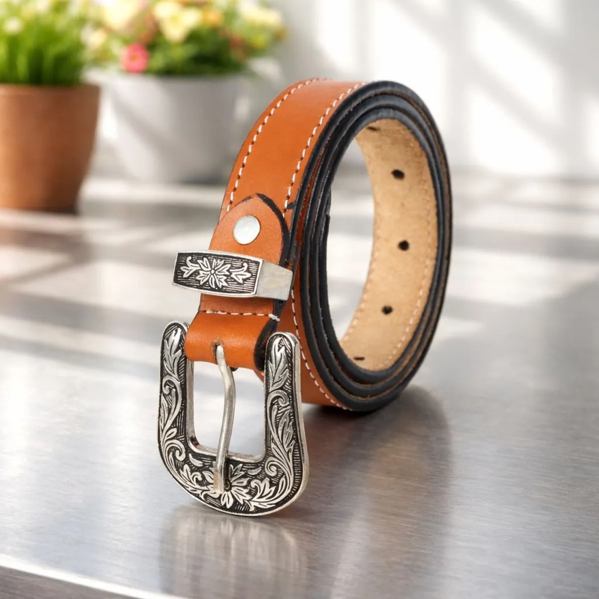 Leather Cowboy Cowgirl Engraved Buckle Belt - Image 1