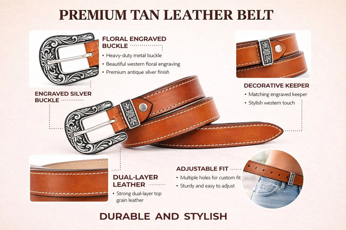 Leather Cowboy Cowgirl Engraved Buckle Belt - Image 2