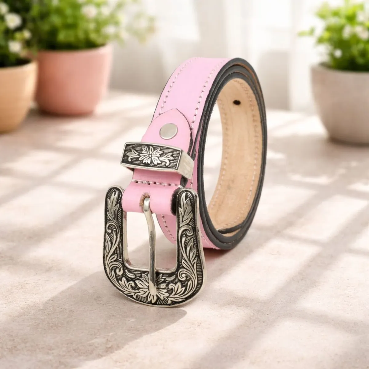 Leather Cowboy Cowgirl Engraved Buckle Belt - Image 1
