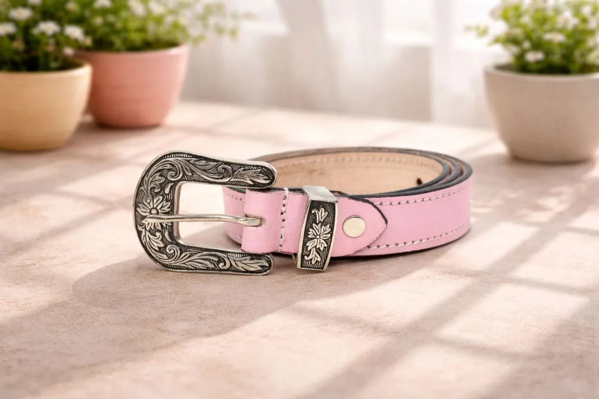 Leather Cowboy Cowgirl Engraved Buckle Belt - Image 2