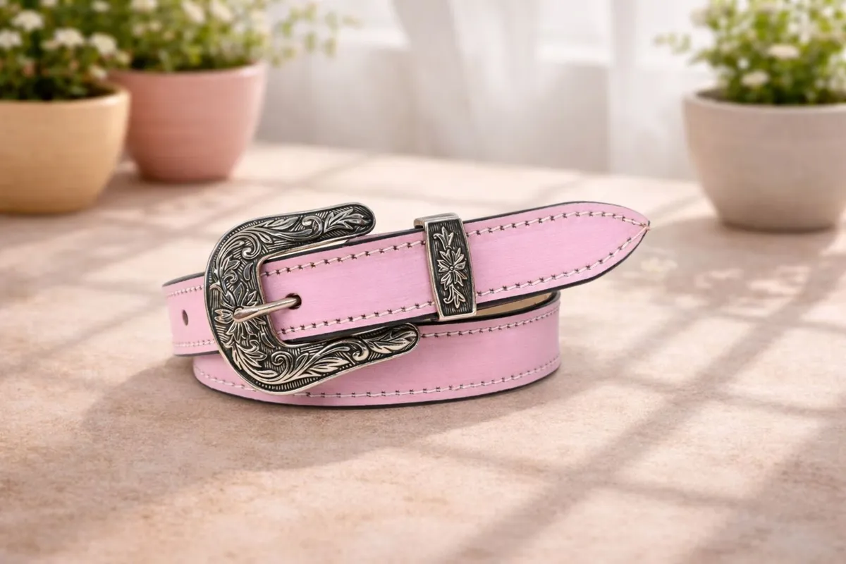 Leather Cowboy Cowgirl Engraved Buckle Belt - Image 3
