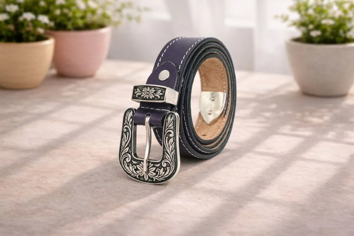 Leather Cowboy Cowgirl Engraved Buckle Belt - Image 1