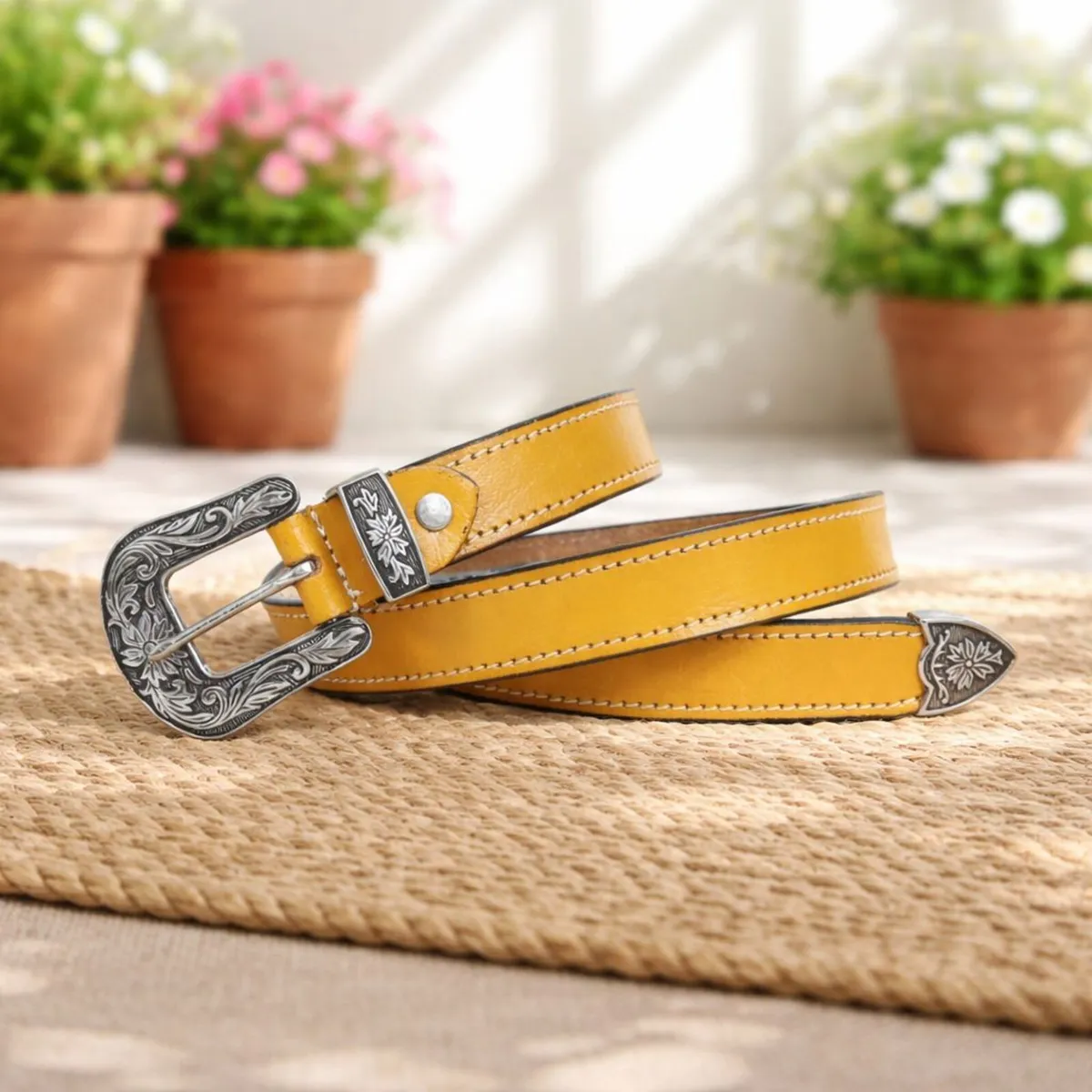 Leather Cowboy Cowgirl Engraved Buckle Belt - Image 2