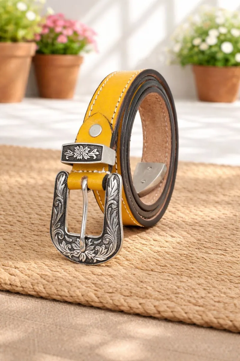 Leather Cowboy Cowgirl Engraved Buckle Belt - Image 1