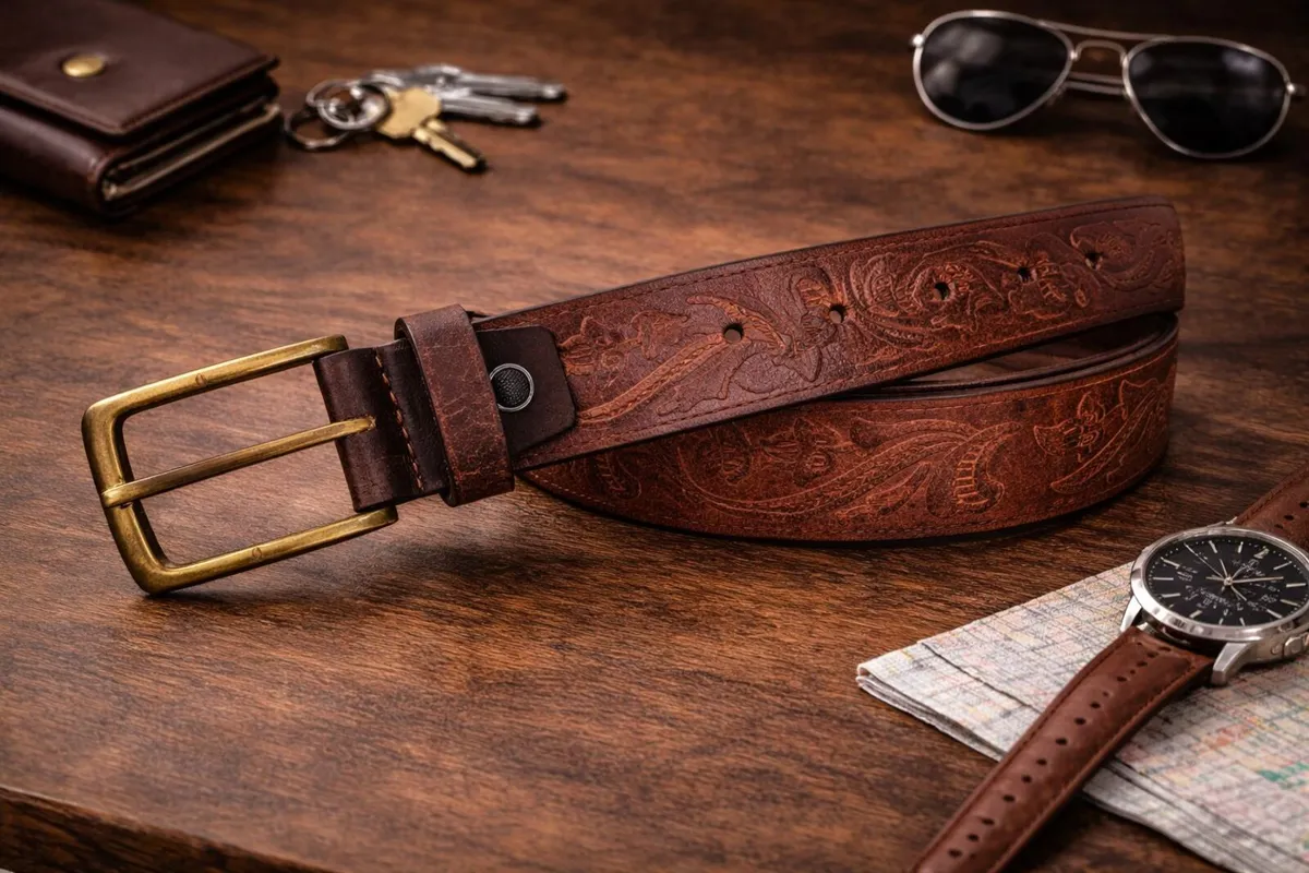 Genuine Leather Tooled Belt  Floral Western  Belt - Image 4