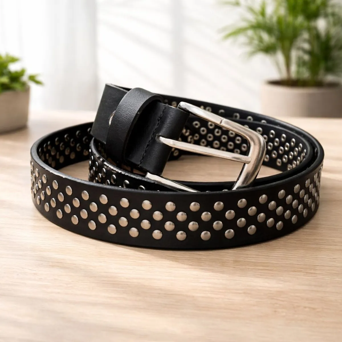 Unisex Black Studded Leather Punk Belt - Image 1