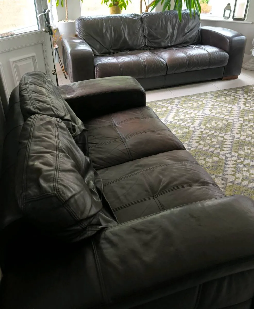 Sofas x 2, brown 100% leather, 2 & 3 seater - Image 2