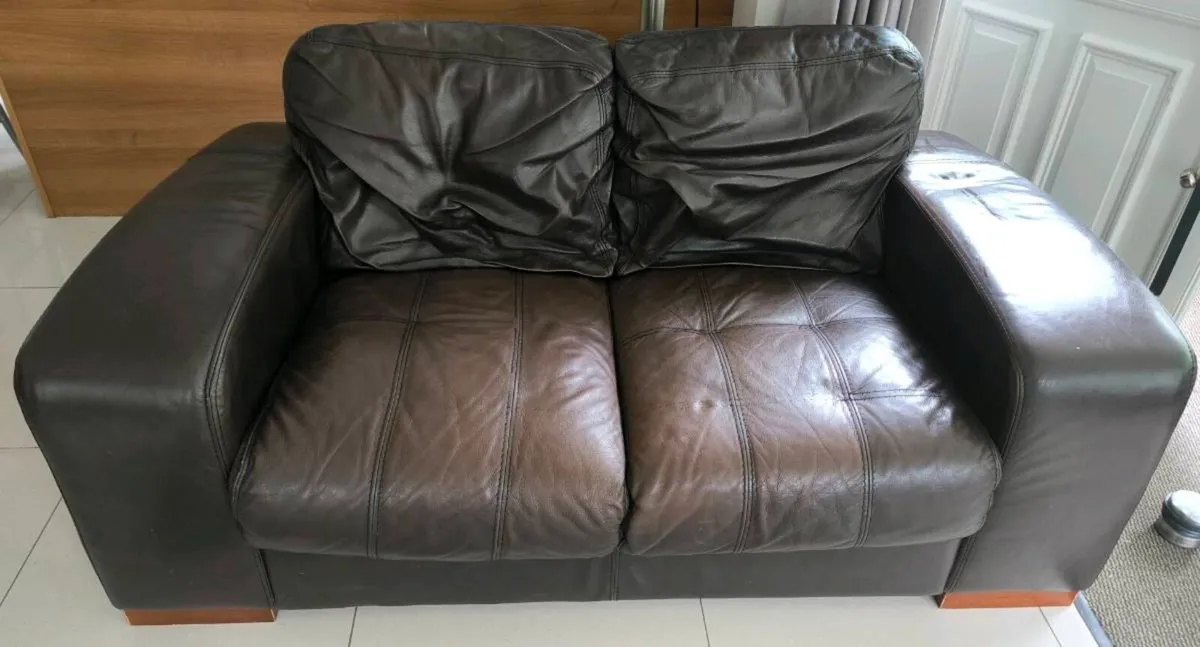 Sofas x 2, brown 100% leather, 2 & 3 seater - Image 4