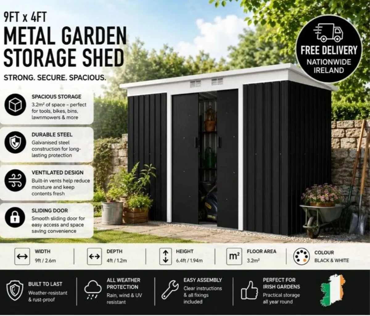 9ft x 4ft Metal Garden Storage Shed Tool House wit - Image 2