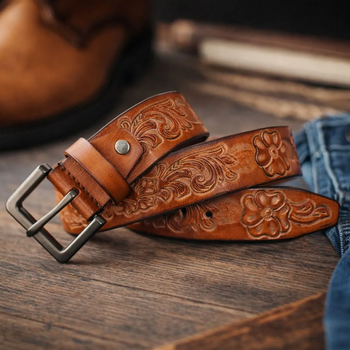 Genuine Leather Belt Vintage Floral Western Belt - Image 1