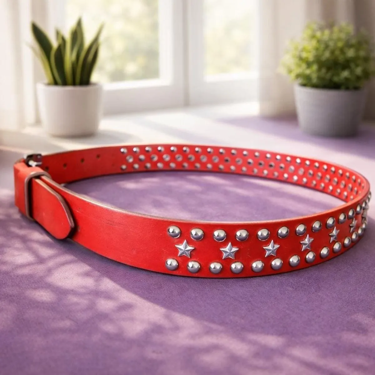 Red Leather Studded Belt Vintage Punk Star Belt - Image 2
