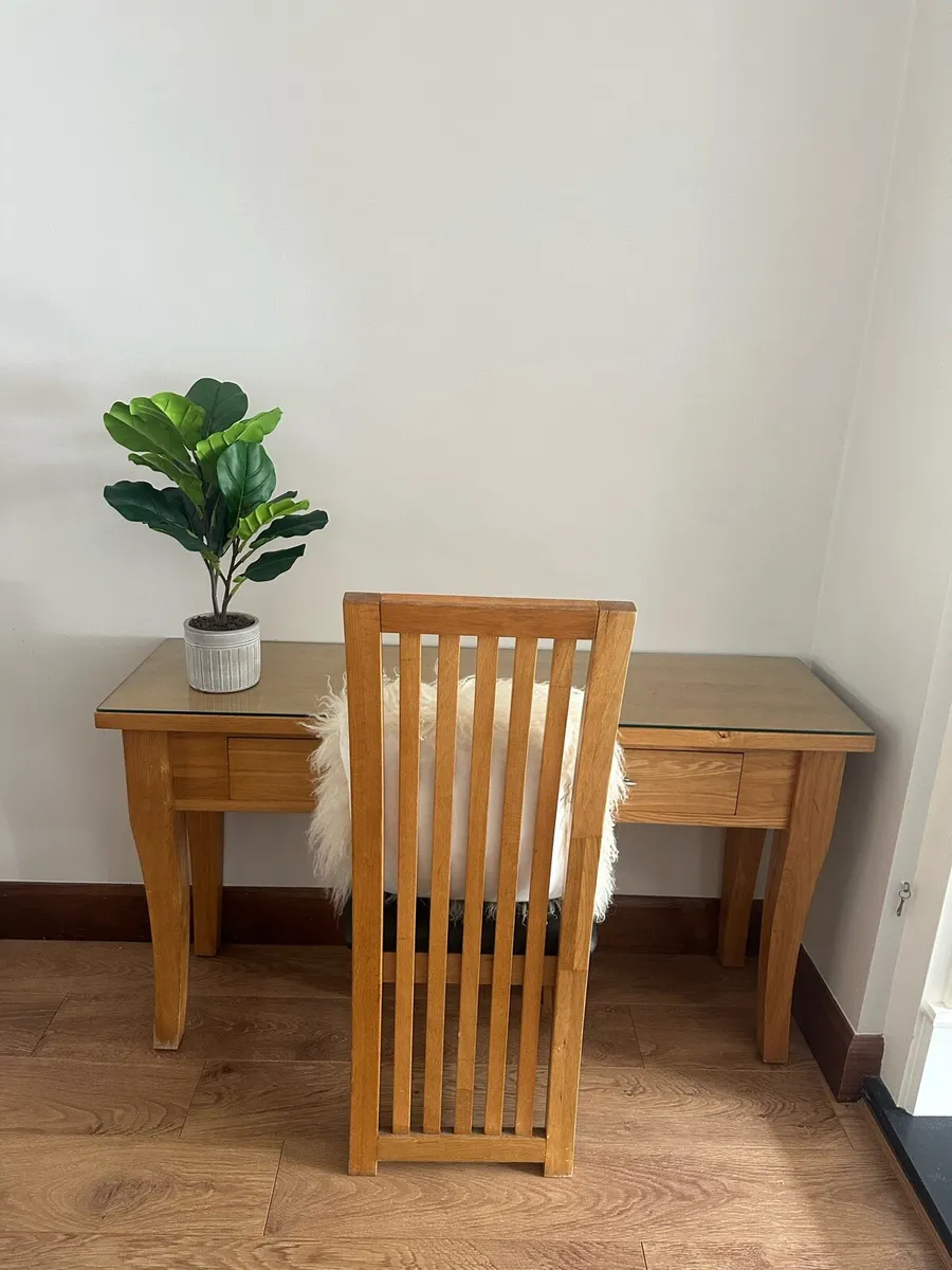 Solid Oak Desk Console Table 2 Drawers + chair - Image 2