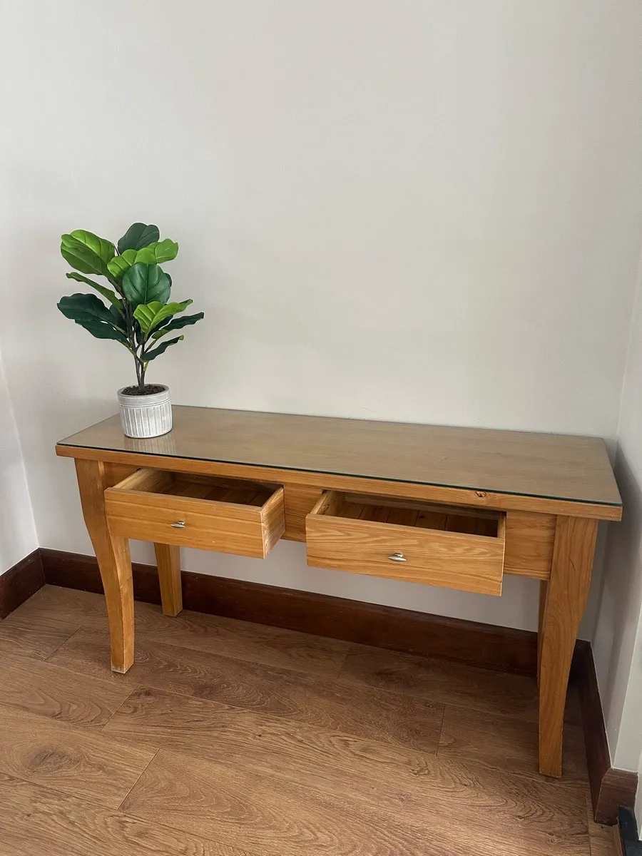 Solid Oak Desk Console Table 2 Drawers + chair - Image 3