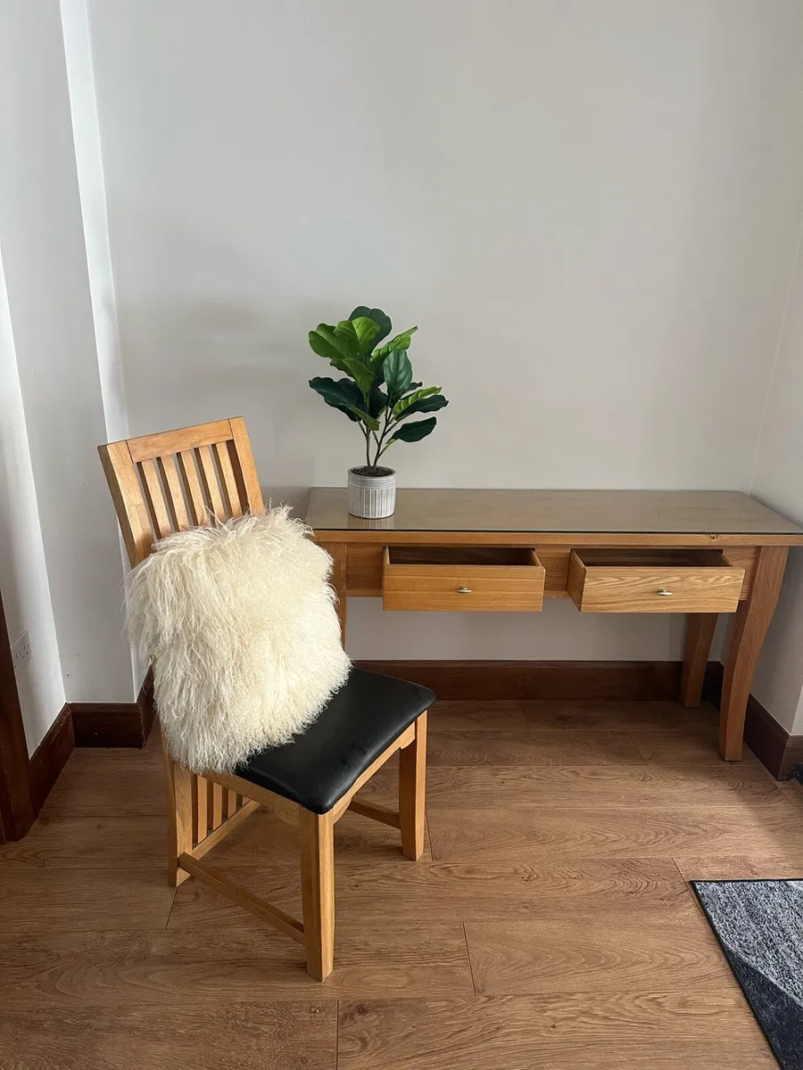 Solid Oak Desk Console Table 2 Drawers + chair - Image 1