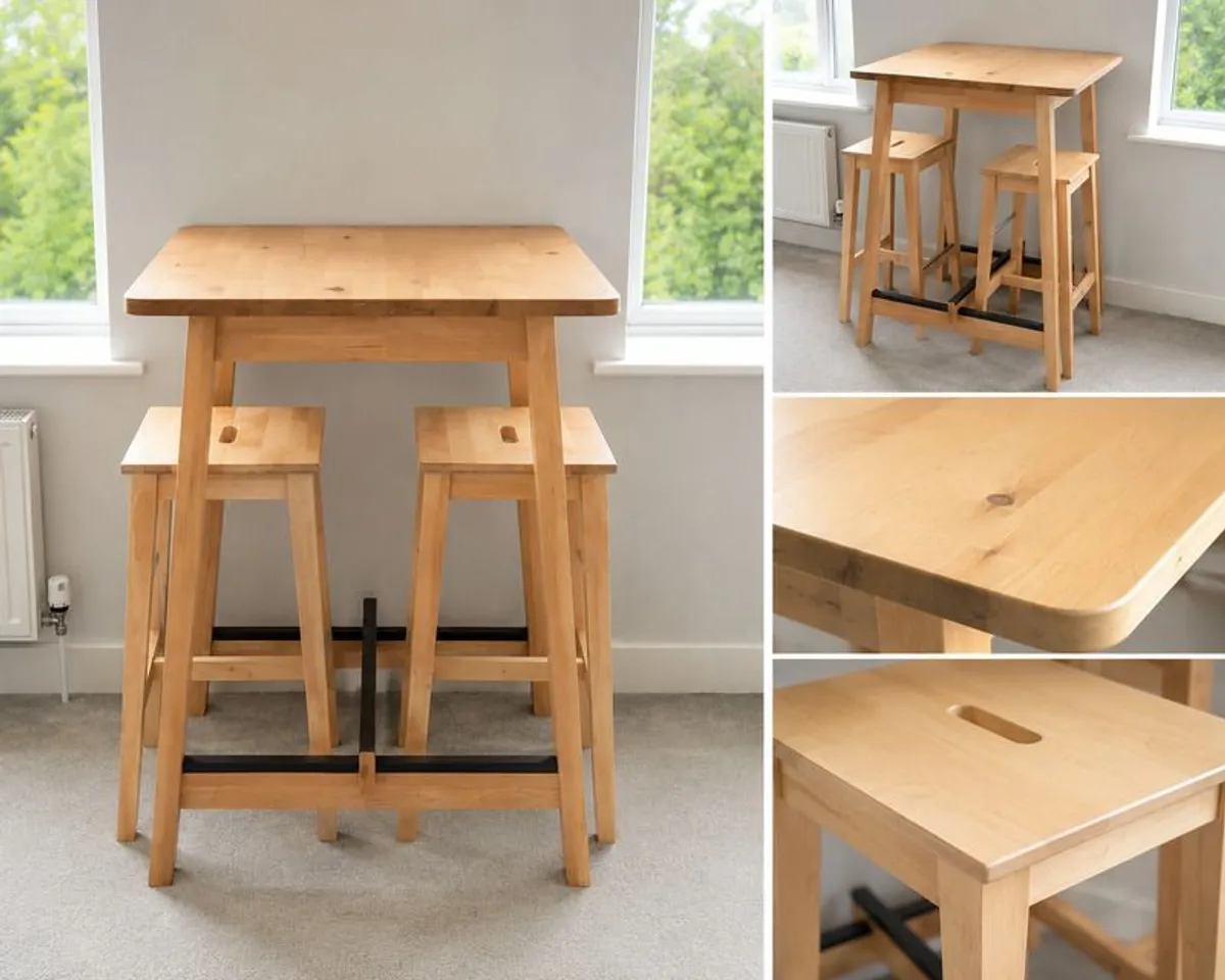 Solid Wood Breakfast Bar and 2 Matching Stools I  Excellent Condition