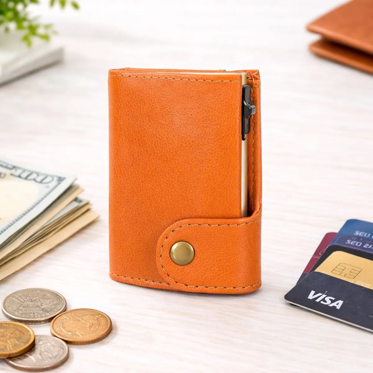 Genuine Leather Pop-Up RFID Card Holder Wallet - Image 1