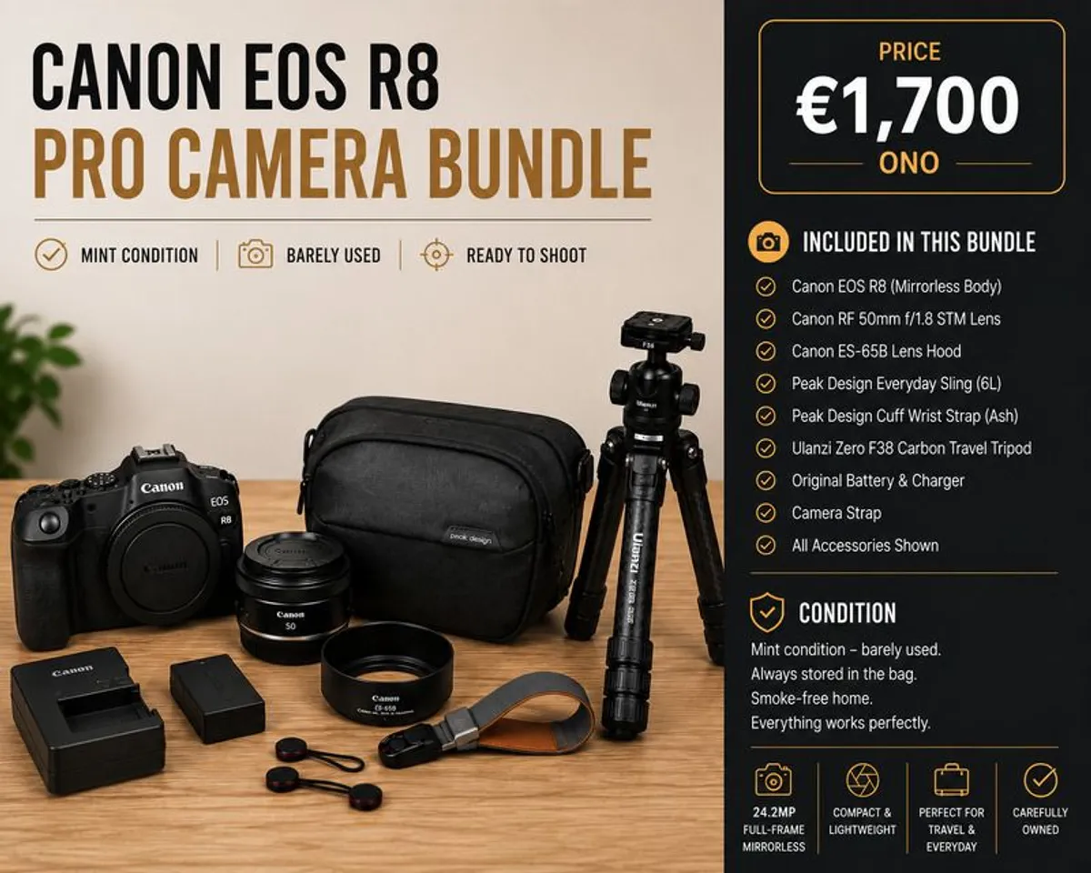 Canon EOS R8 Premium Full Frame Bundle | RF 50mm | Ulanzi Carbon Tripod | Peak Design | Like New