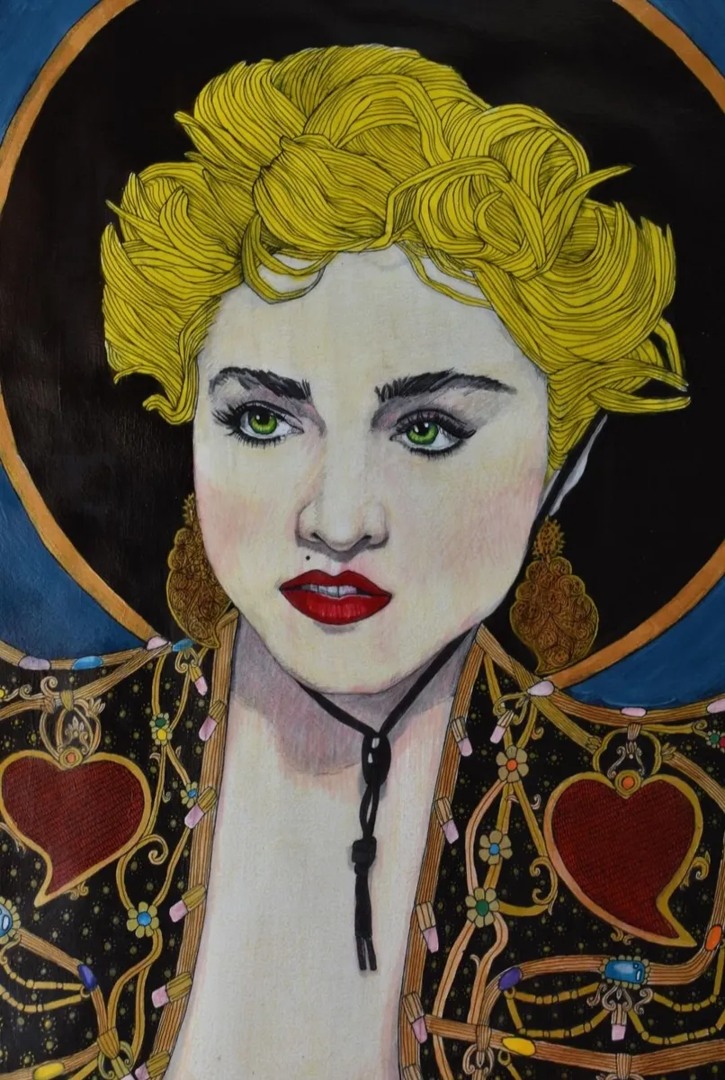 Portuguese Madonna Portrait, Mixed Media Drawing - Image 2