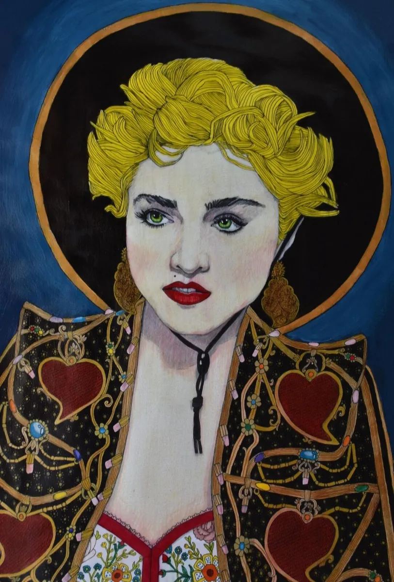 Portuguese Madonna Portrait, Mixed Media Drawing - Image 3