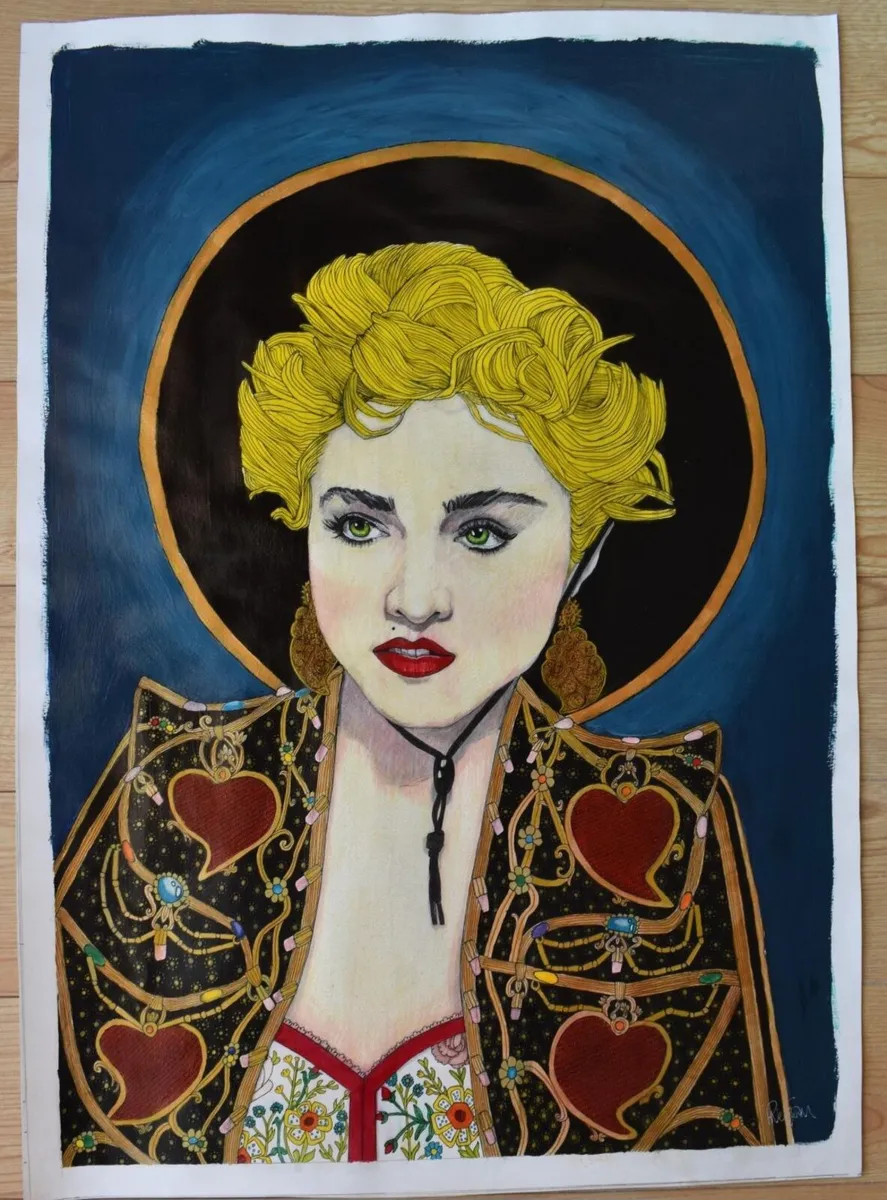 Portuguese Madonna Portrait, Mixed Media Drawing - Image 1