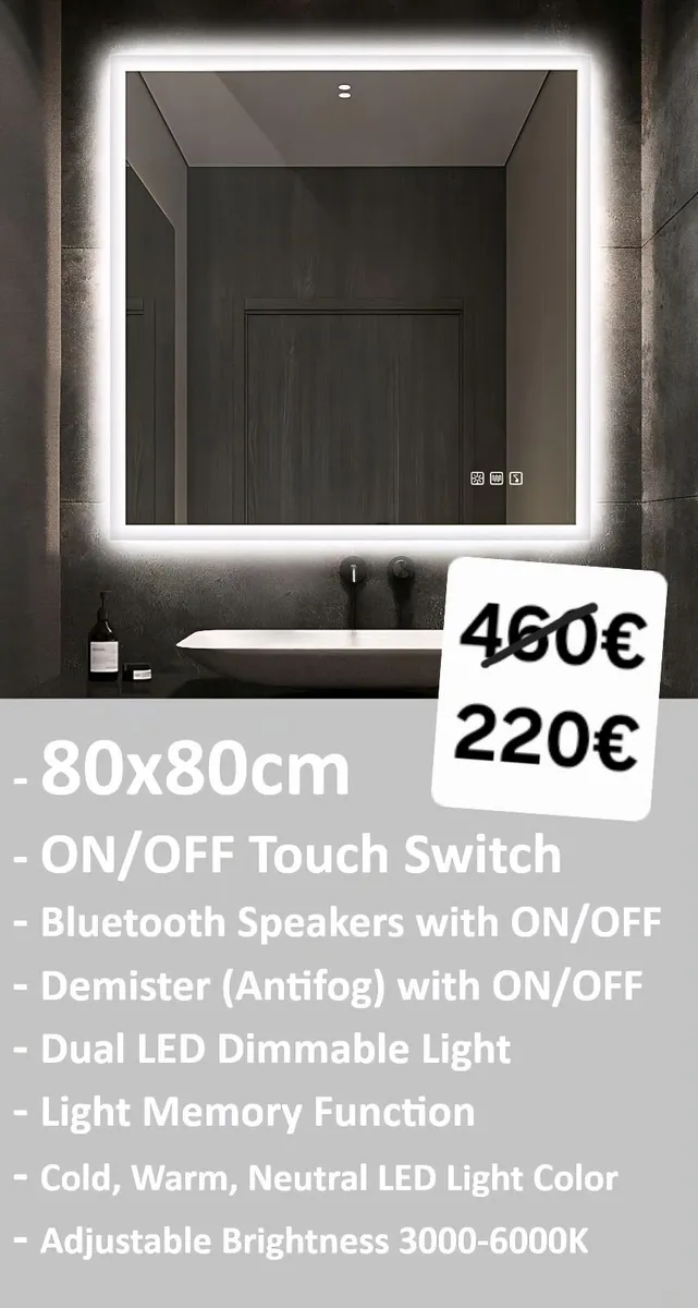LED Bathroom Mirror 80x80cm Dual LED Bright Light - Image 1