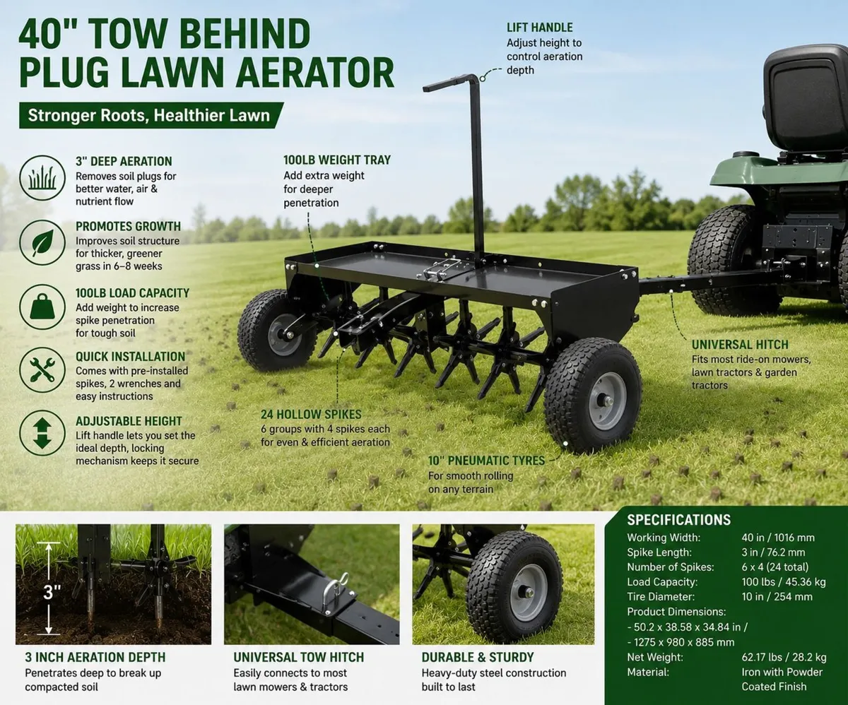 40 Inch Tow Behind Plug Lawn Aerator for Ride On M - Image 3