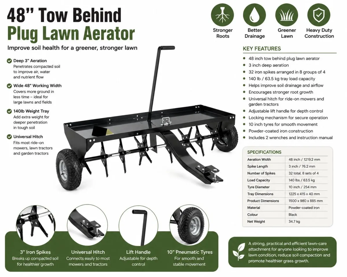 48 Inch Tow Behind Plug Lawn Aerator with Universa - Image 1