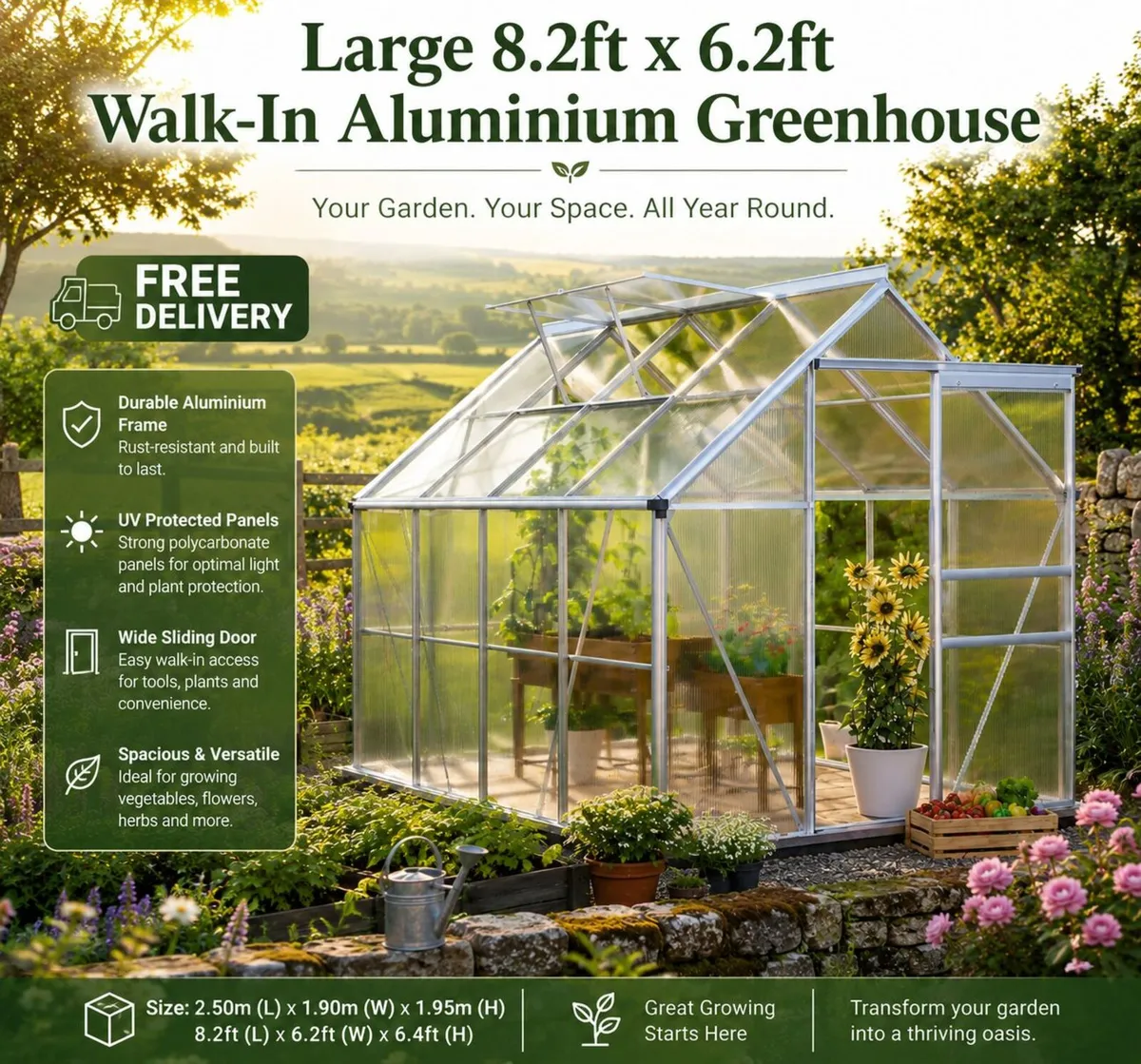 Large 8.2ft x 6.2ft Walk-In Aluminium Greenhouse - Image 1