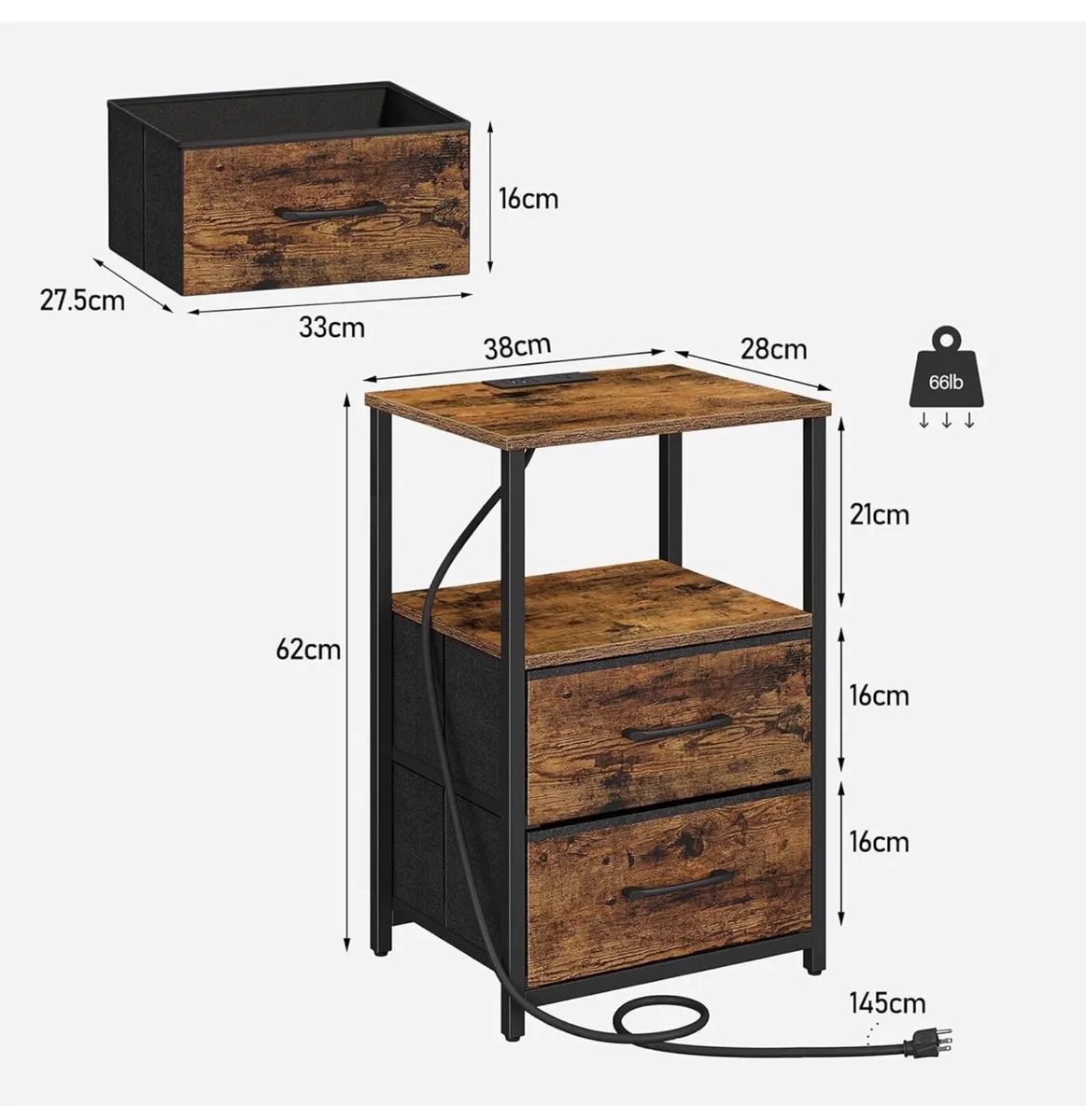 Bedside Table with Charging Station, Side Table wi - Image 3