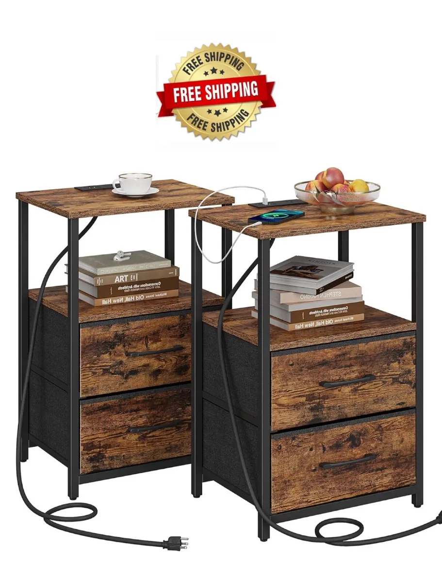 Bedside Table with Charging Station, Side Table wi - Image 1