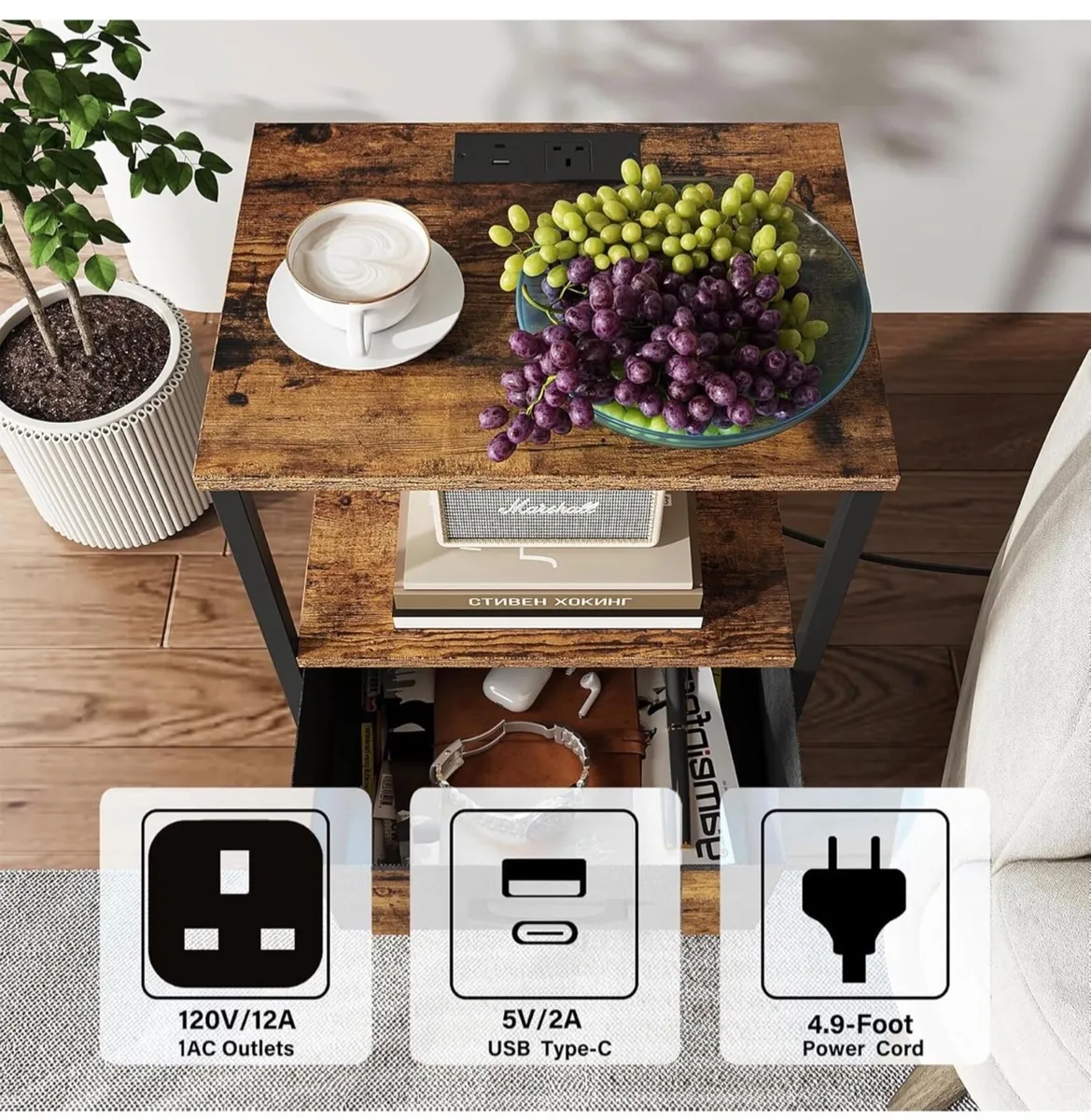 Bedside Table with Charging Station, Side Table wi - Image 4