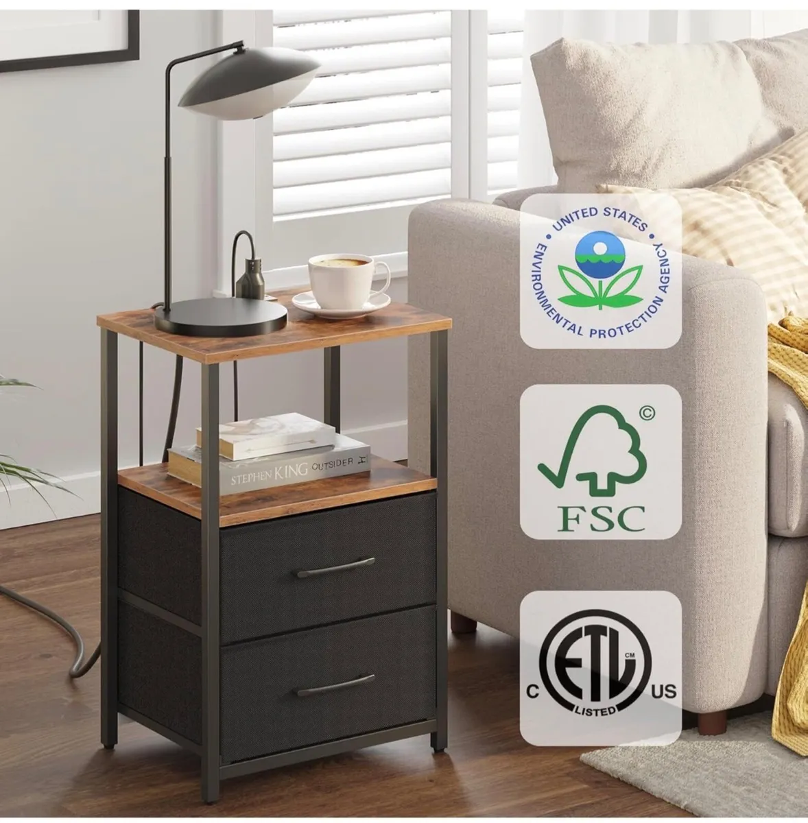 Bedside Table with Charging Station, Side Table wi - Image 4