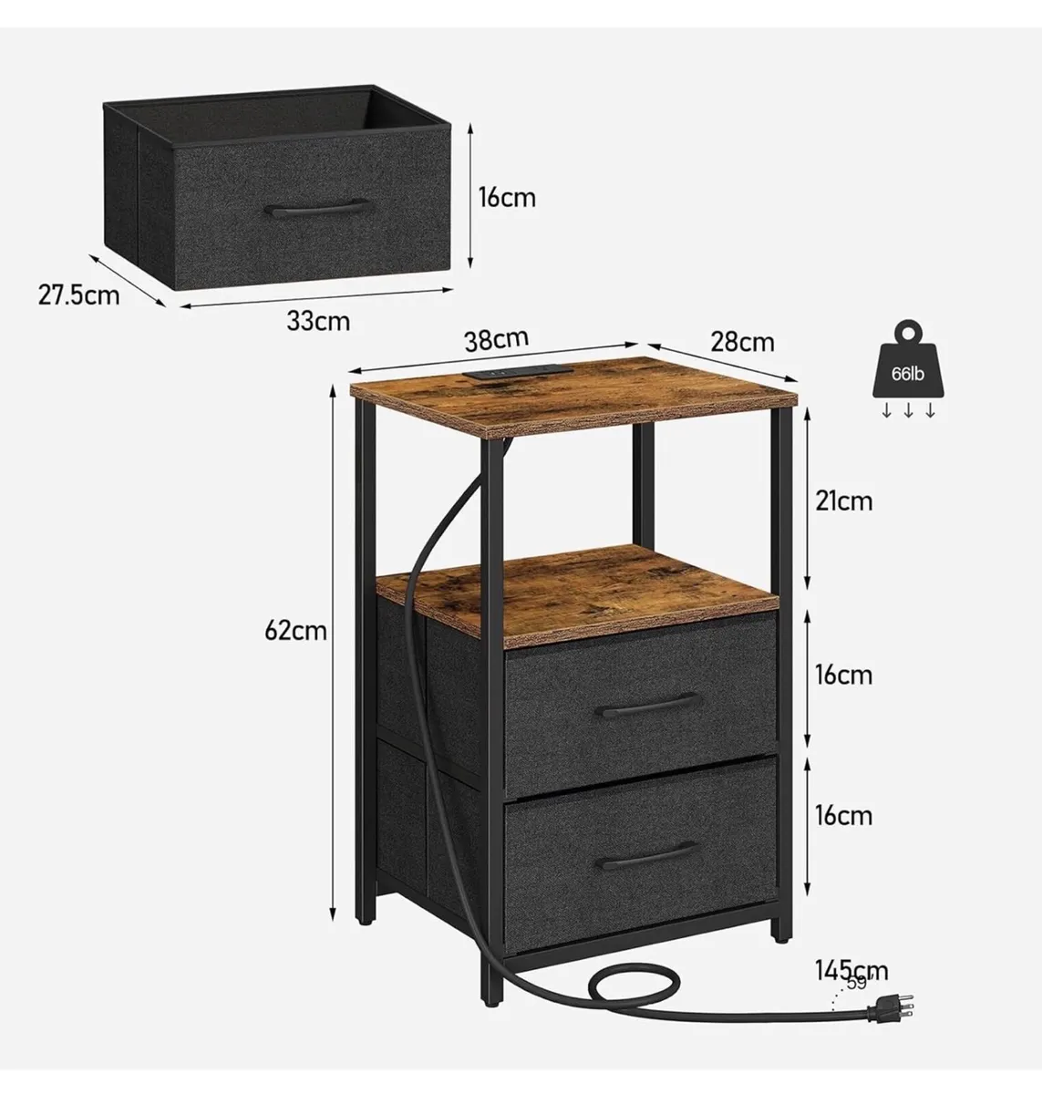 Bedside Table with Charging Station, Side Table wi - Image 2