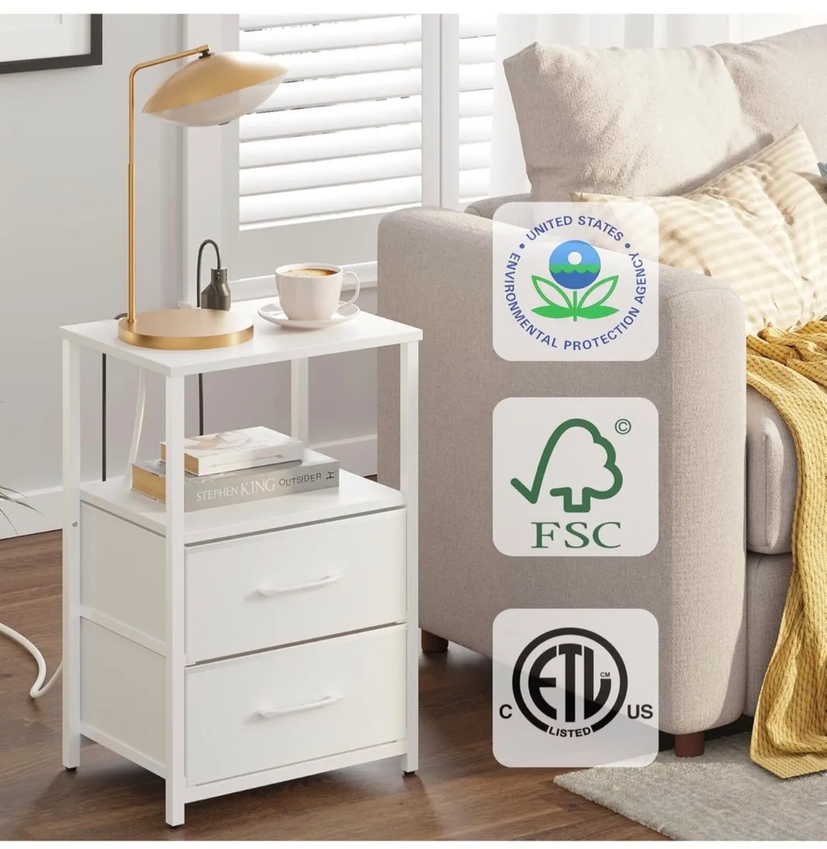 Bedside Table with Charging Station, Side Table wi - Image 3