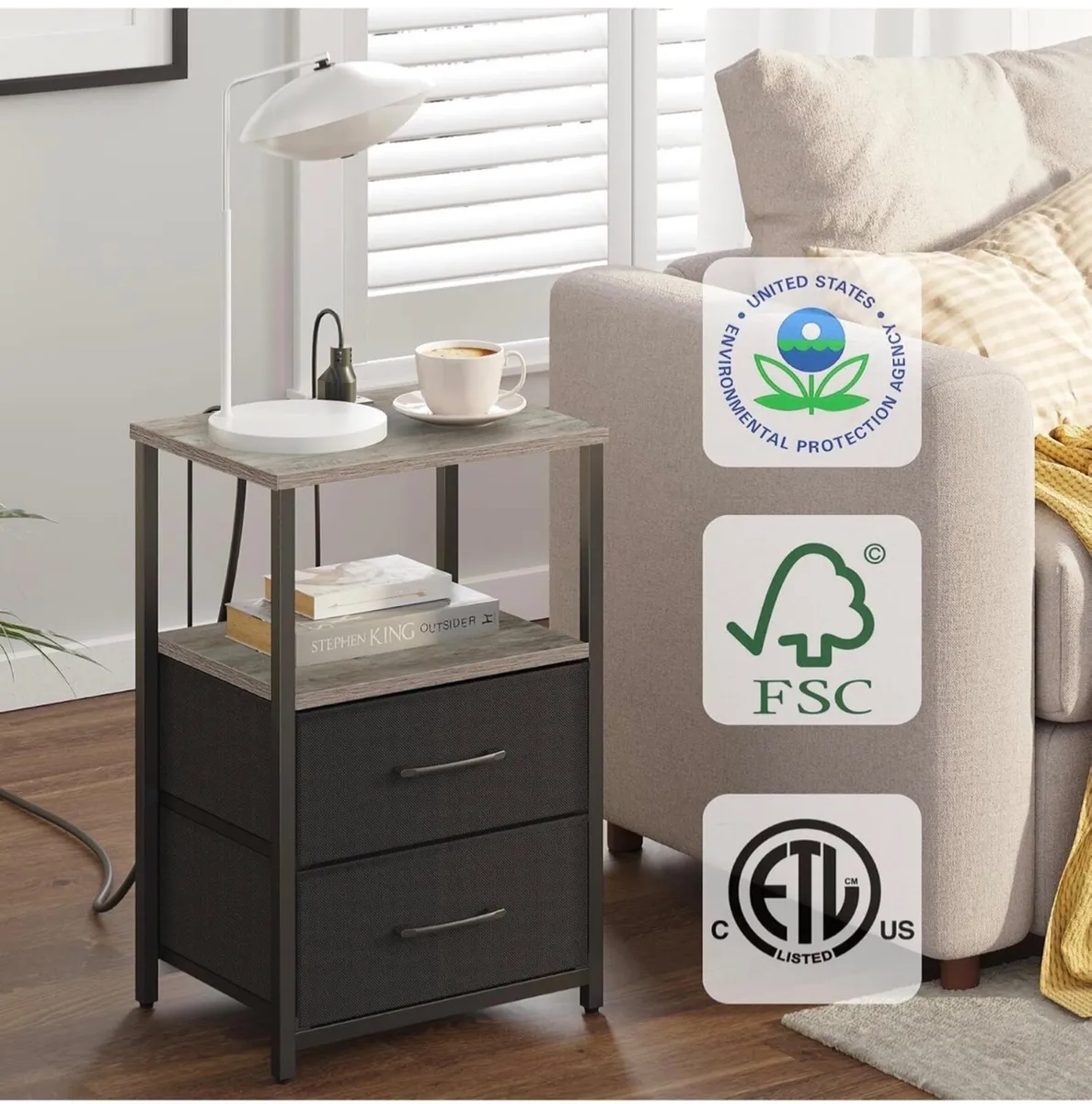 Bedside Table with Charging Station, Side Table wi - Image 3