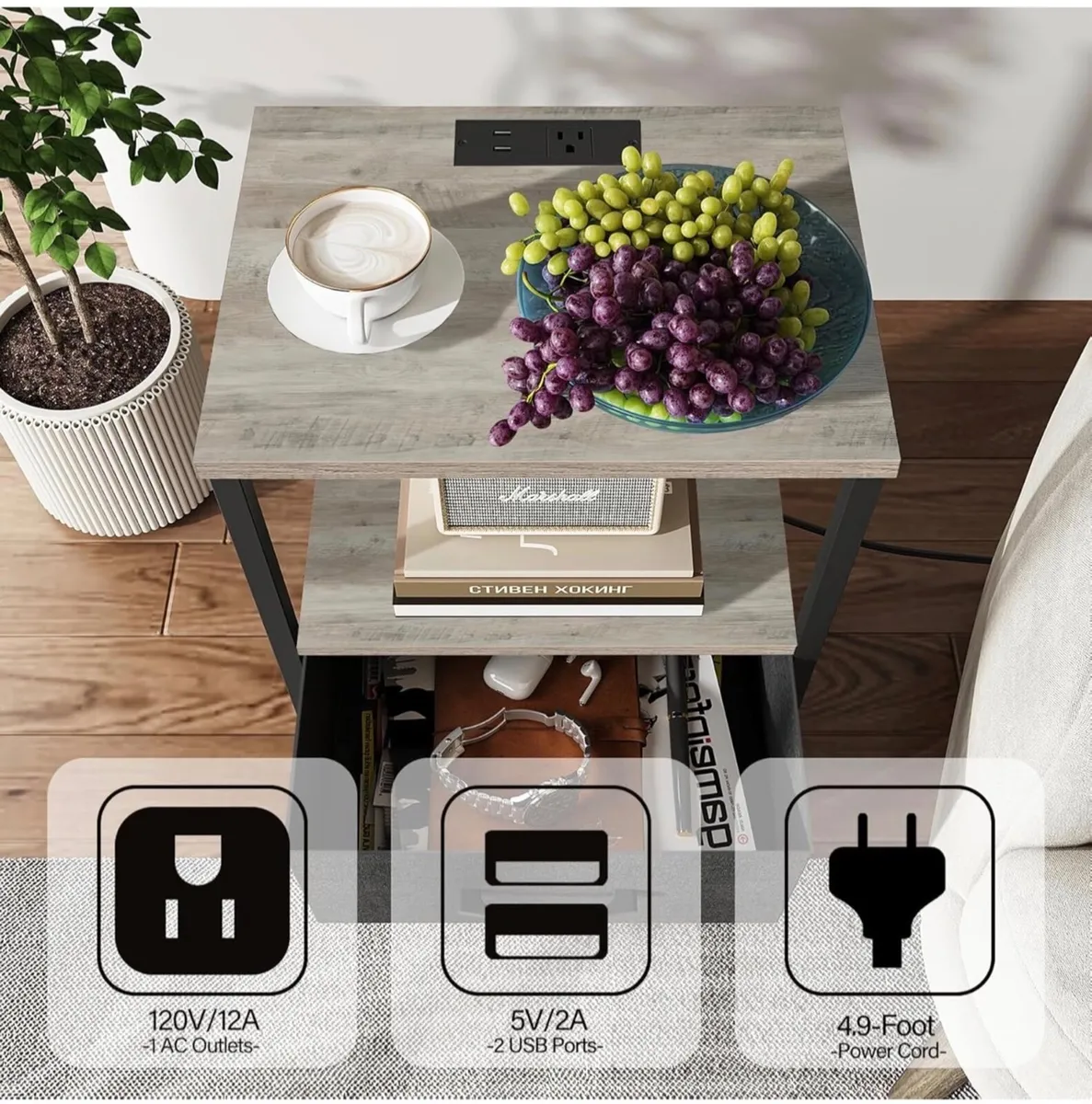 Bedside Table with Charging Station, Side Table wi - Image 4