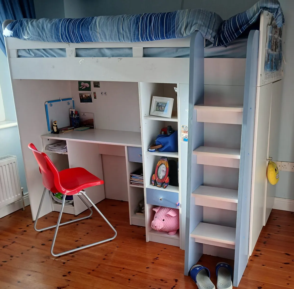 High Sleeper Bed with Desk & Storage – White/Blue - Image 1