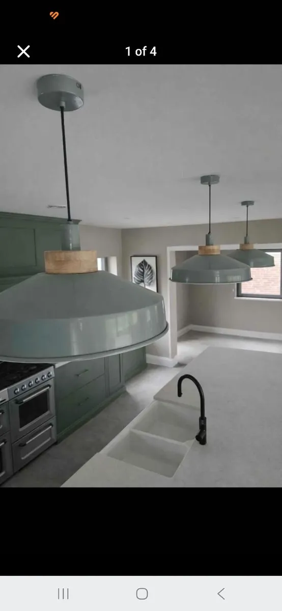 Set of 3 Sage Green & Oak Pendant Kitchen Lights - Image 1