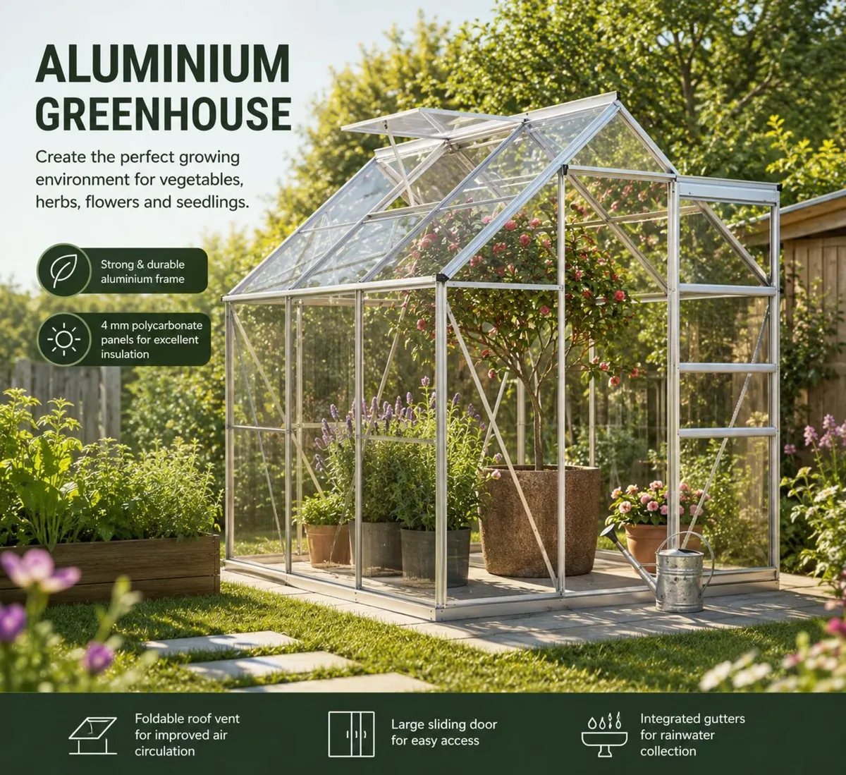 Aluminium Greenhouse 3.6m² Polycarbonate Garden Gr - Image 1