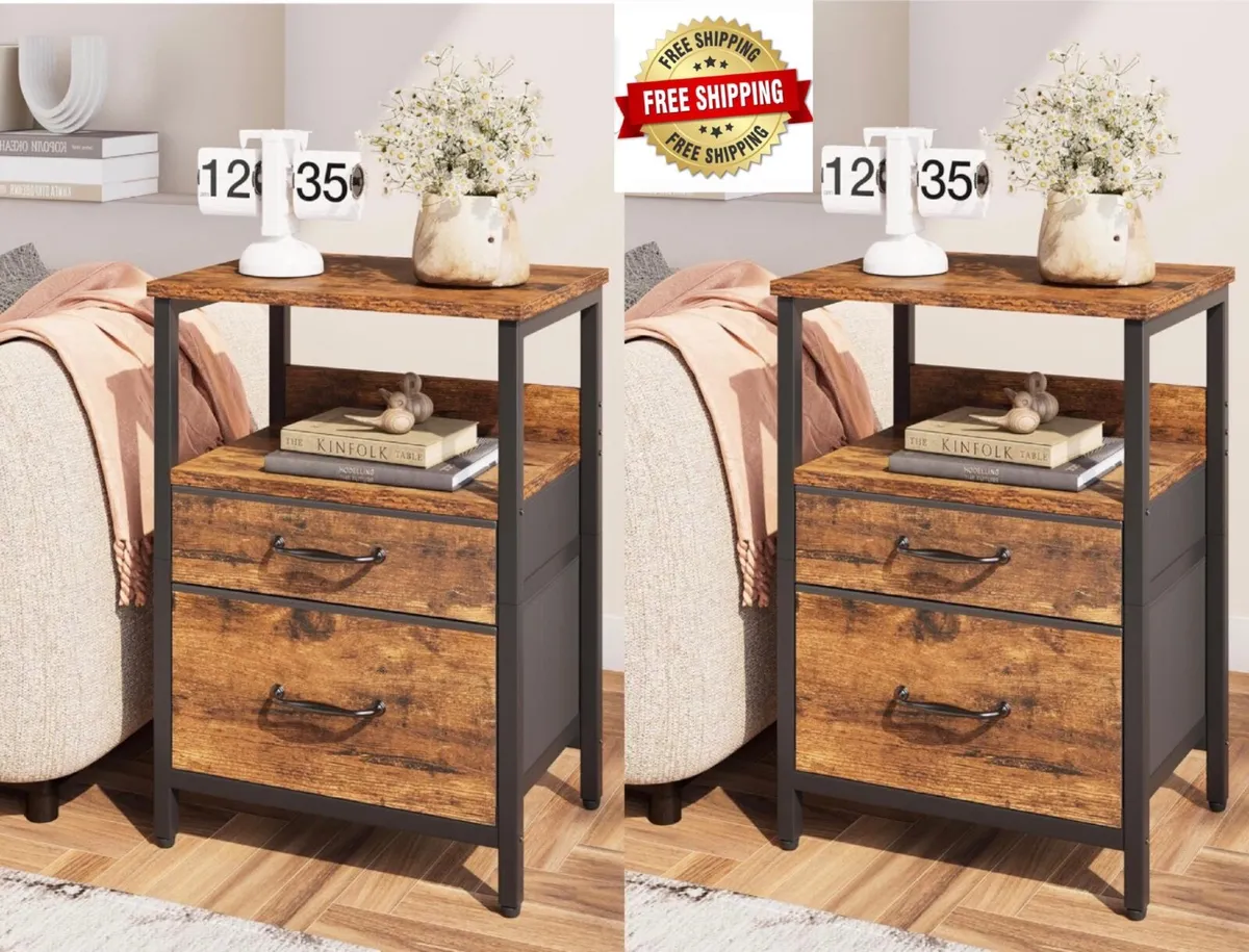 2 Bedside Table, Bedroom Bedside Cabinet with 2 Fa - Image 1