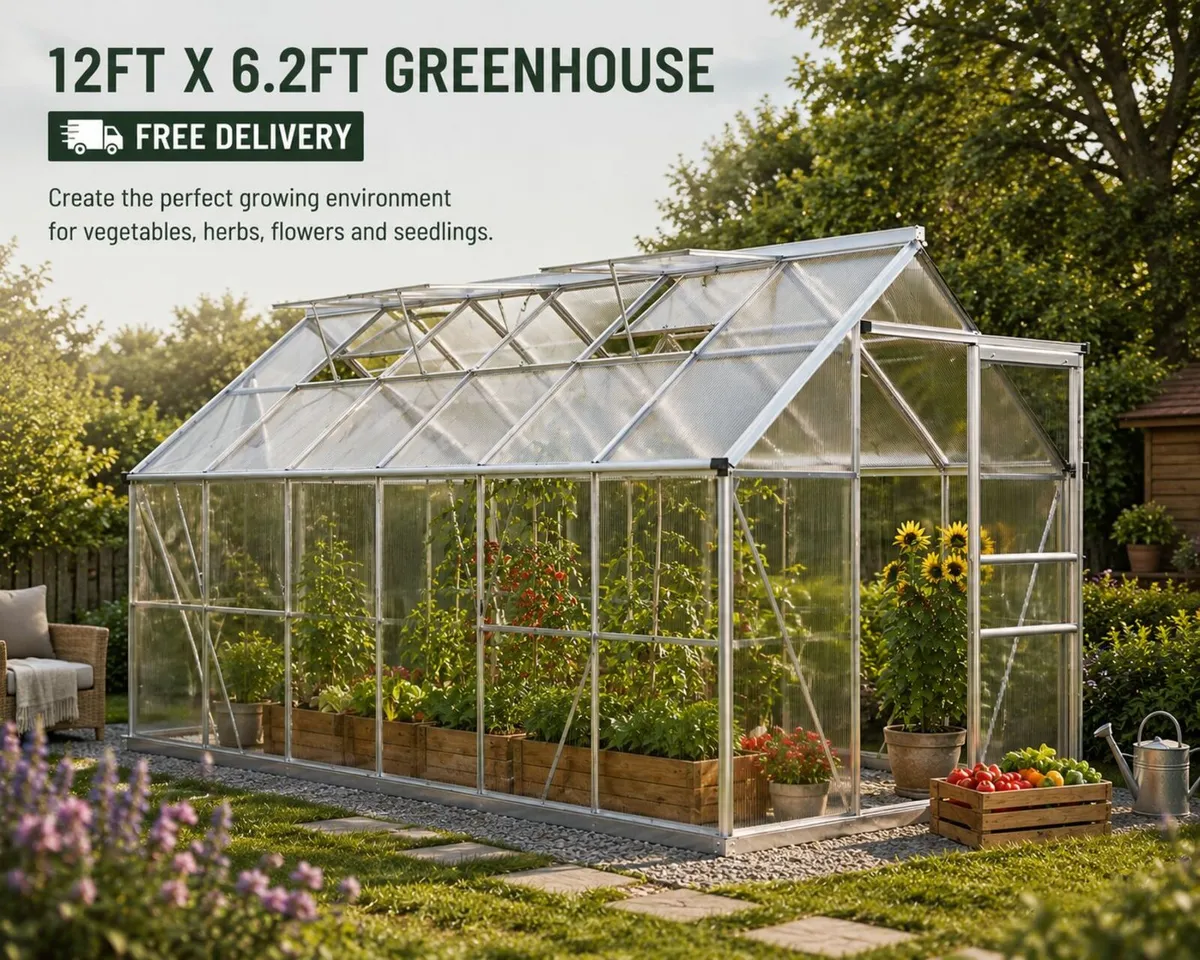 12ft x 6.2ft Aluminium Polycarbonate Greenhouse wi - Image 1