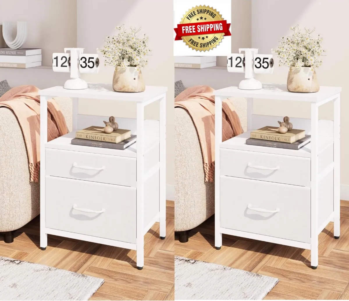 2  White Bedside Table, Bedroom Bedside Cabinet wi - Image 1