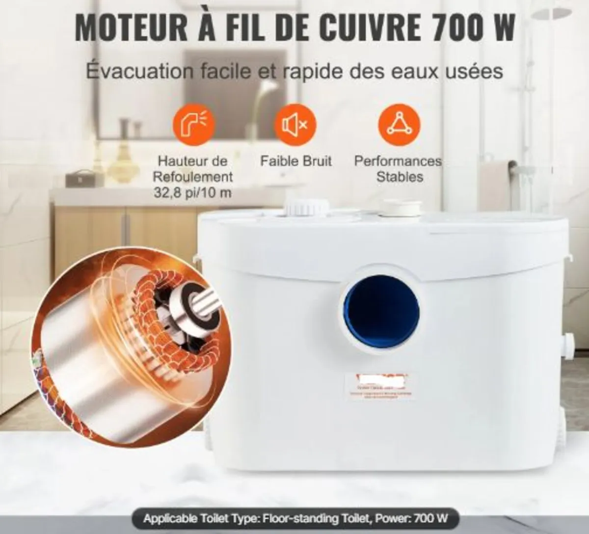 Macerator Pump, 700W, 9600 L/h Flow, 32.8 ft/10 m - Image 3
