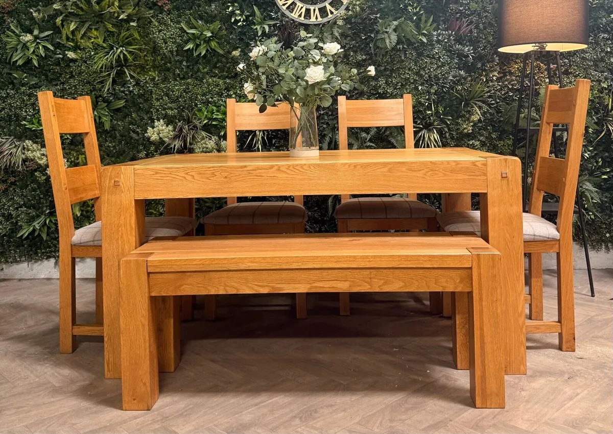 Solid oak kitchen table, 4 chairs & bench - Image 2