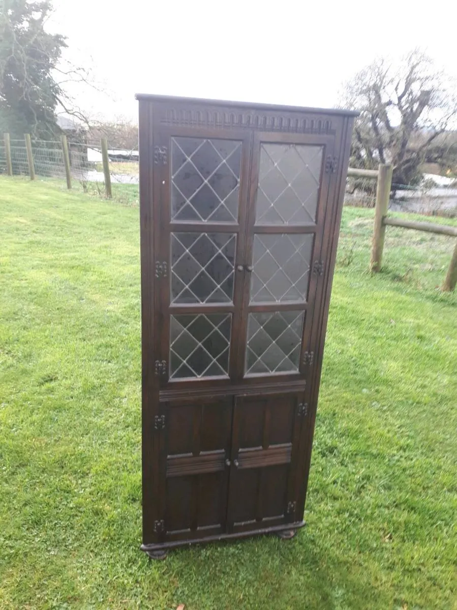 Antique Leaded Glass 4 Door Corner Cabinet - Image 3