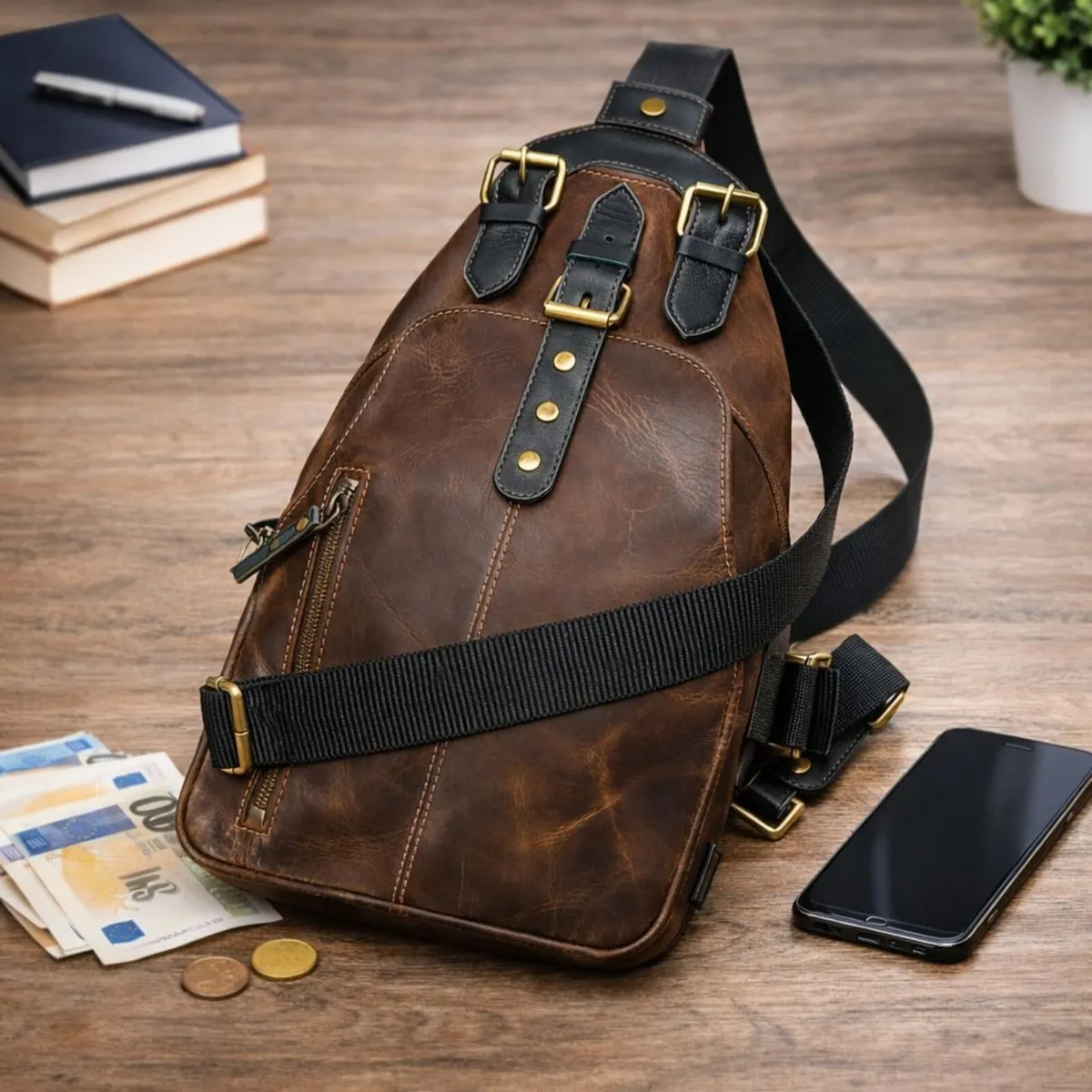 Leather Sling Bag vintage Crossbody Chest Bag - Image 1